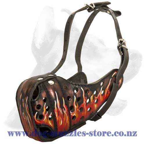 Leather dog muzzle with flames painting