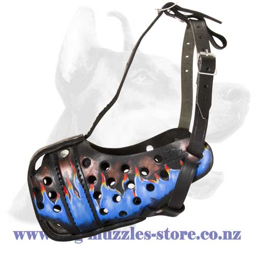 Leather dog muzzle with blue fire painting